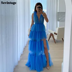 Sevintage Hearty Blue Tulle Prom Dress Deep V-Neck Tiered Ruched Side Slit Floor Length Homecoming Dress vestidos de graduación