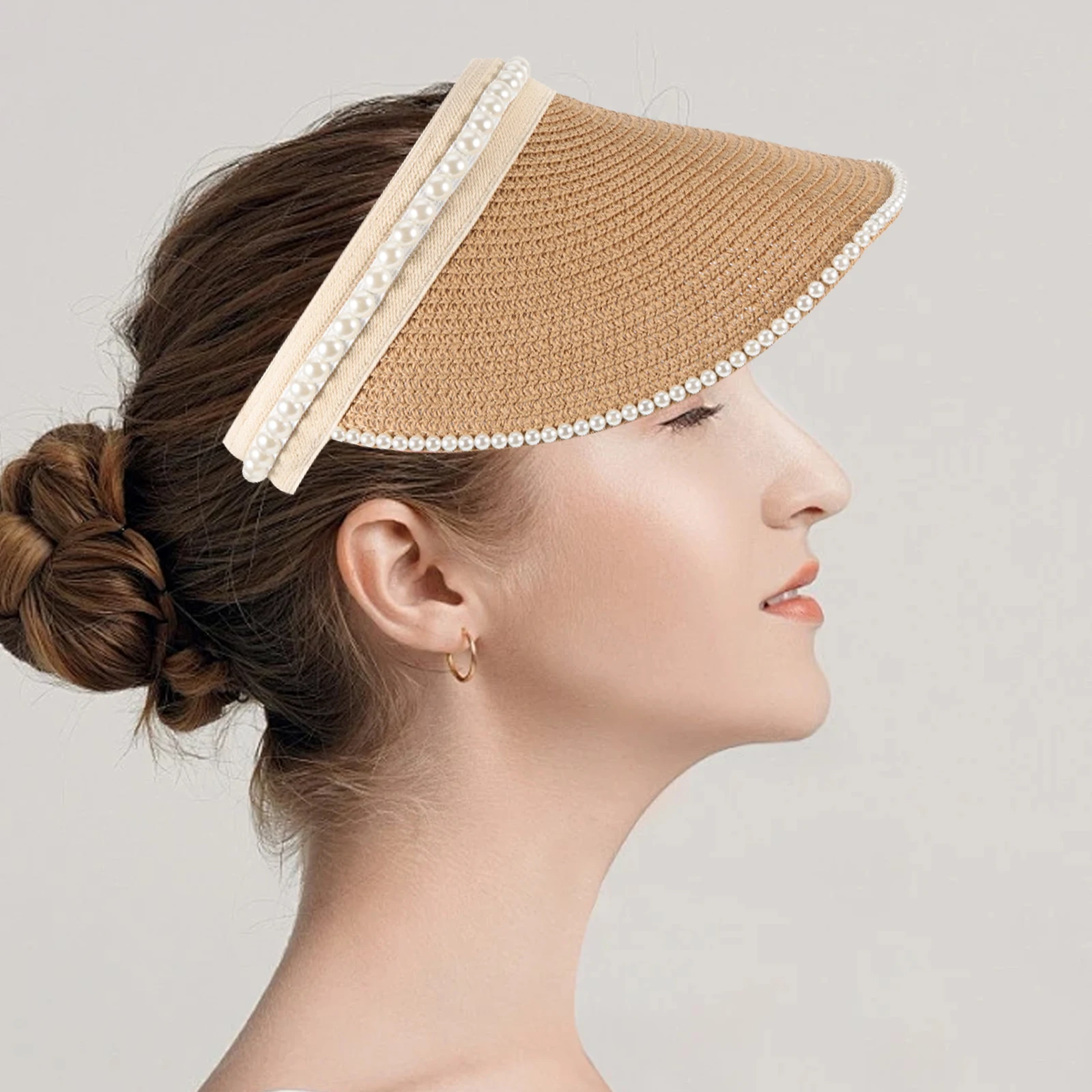 

Portable Beach Hat Sun Visor for Women Straw Tennis Adjustable Circumference Classic Colors UV Protection Breathable Pearl Band