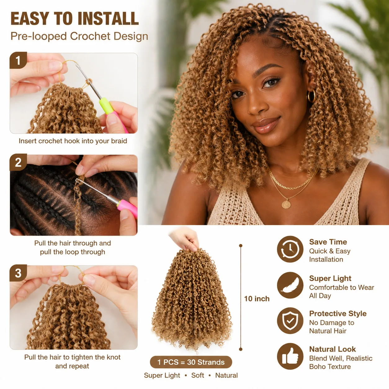 Vorgefertigte Passion Twist Crochet Haare 10 Zoll Synthetisches Flechthaar Einfach zu Installierende Boho Lockige Schutz-Haarverlängerungen für Frauen – Detail 6