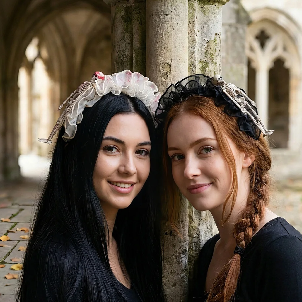 Wide Brim Fluffy Mesh Gothic Headband 3D Skeleton Skull Hair Hoop Ruffle Lace Dark Style Cosplay Headpiece For Halloween Party