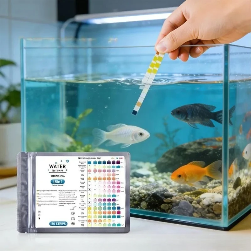 50/100 Tiras Reactivas 16 en 1 para Acuario, Kit de Prueba de Calidad del Agua de Agua Dulce, pH, Amoníaco y Nitrito para Peceras y Piscinas