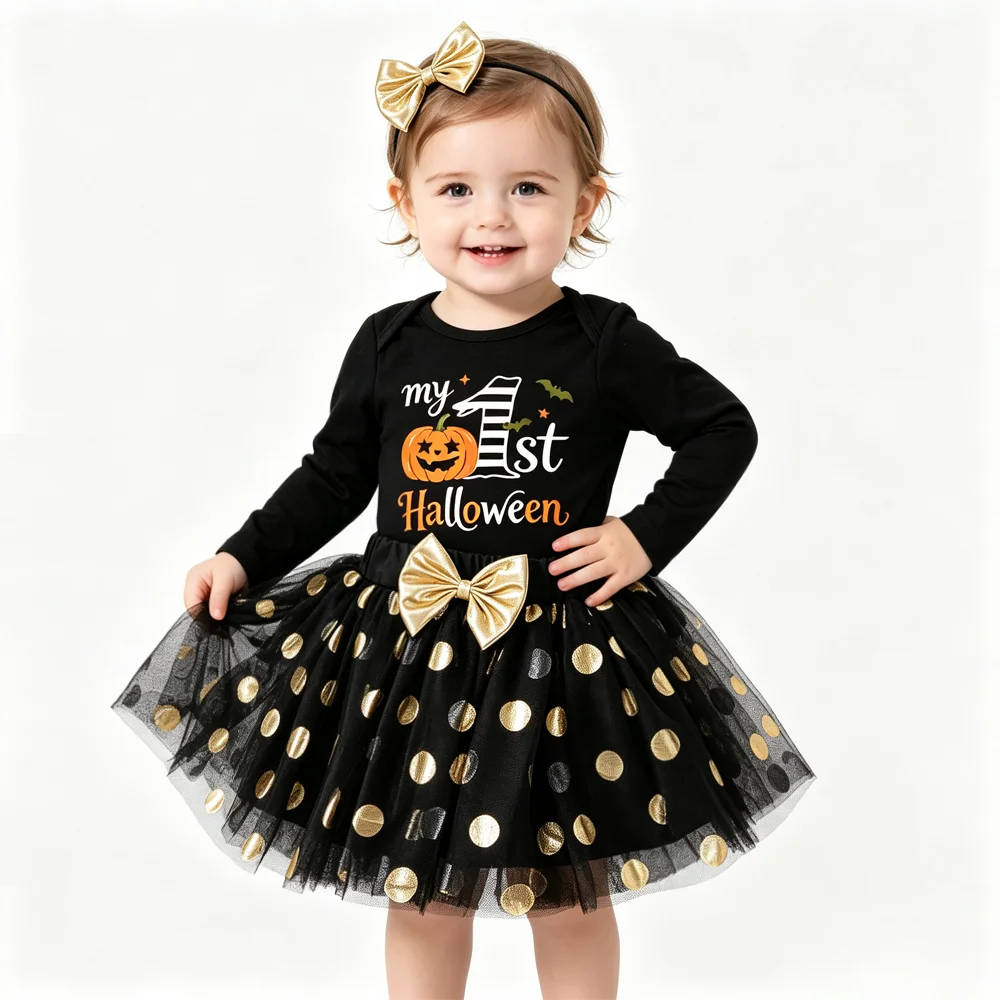 Infant Baby Girls 4Pcs Halloween Costume Romper Gold Polka Dot Tulle Skirt Over Knee Leg Warmers Headband Festival Party Outfit