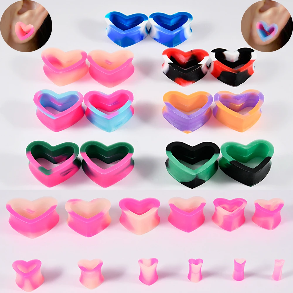 7/12Pairs Mix Double Color Heart Flexible Silicone Ear Tunnel &Plugs Expander Strengthed Holow Double Flare Body Jewelry 4-25mm