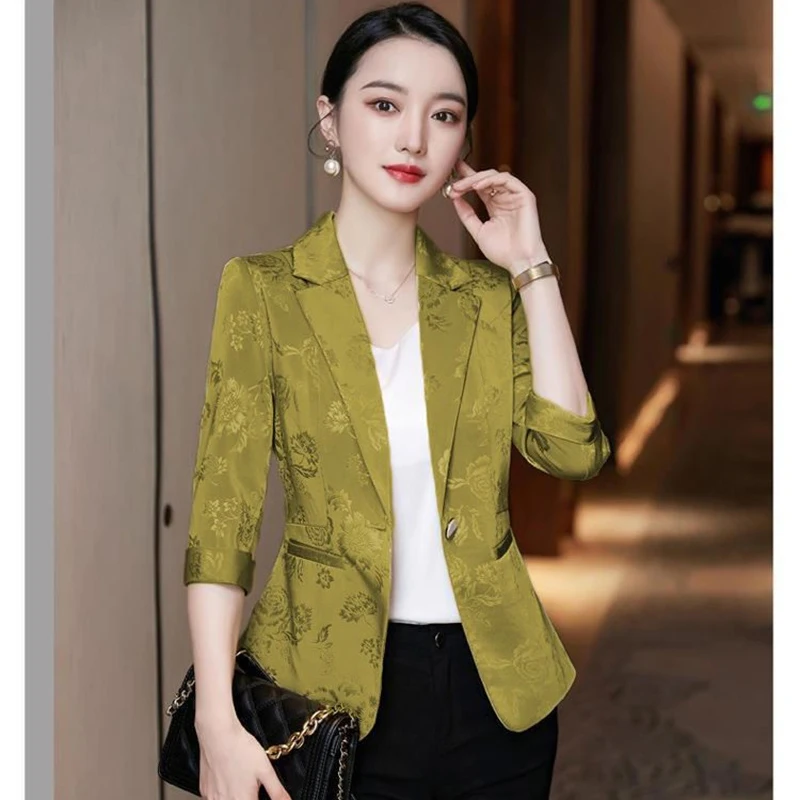 Spring Summer Thin Slim Blazer Jacket Women Fashion Jacquard Three Quarter Suit Coat Office Female Professional Suit Outwear 5XL