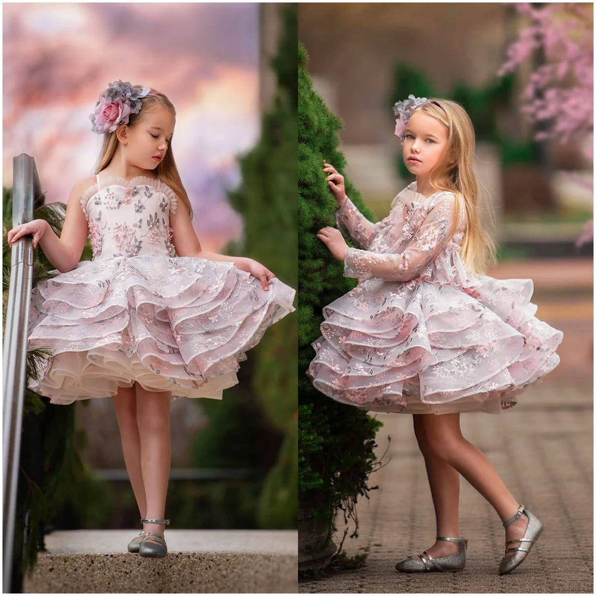 Pink Flower Girl Dresses for Wedding Tulle Floral Pearl Ruffles Kids Little Bride Evening Party  First Communion Ball Gowns