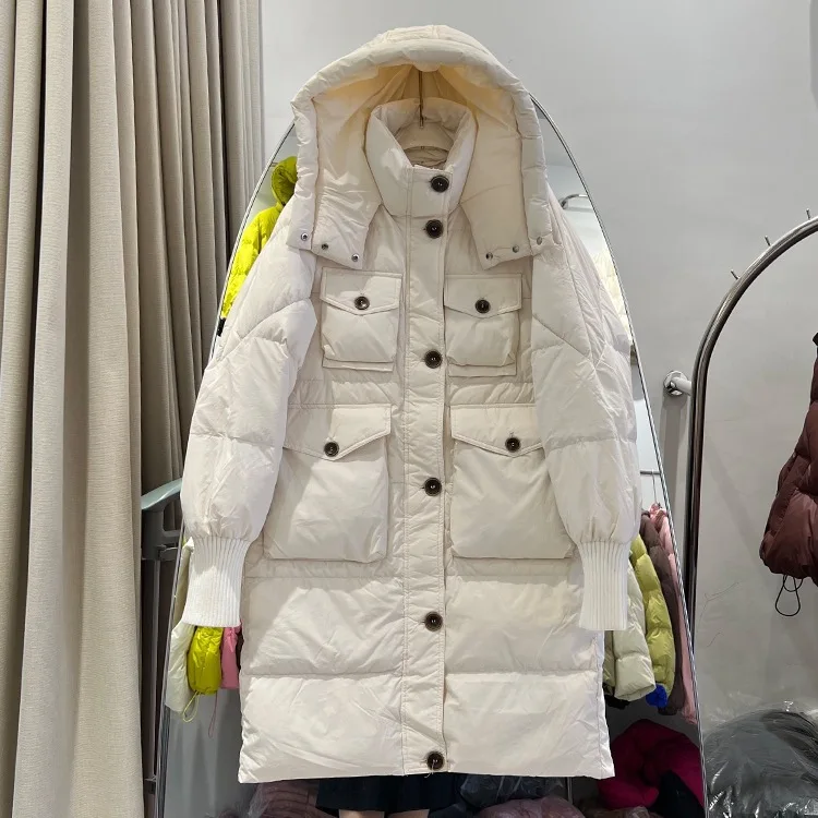 2025 inverno nova jaqueta feminina com capuz à prova de vento commuter manga de malha para baixo jaqueta