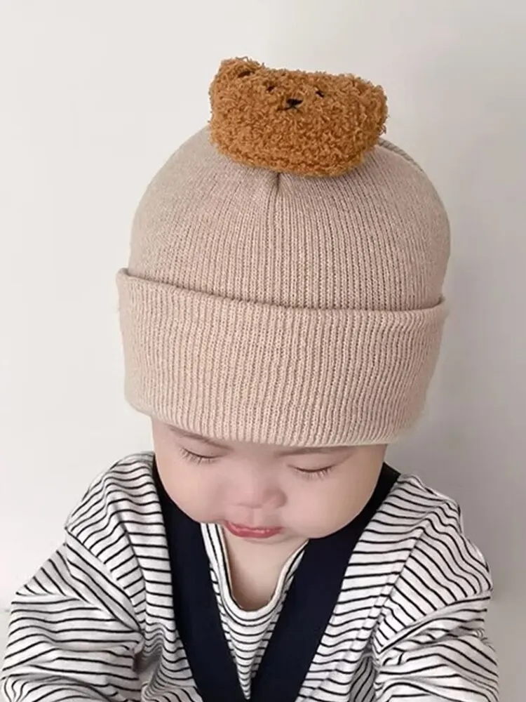 Cartoon Bear Baby Knitted Hat Autumn Winter Warm Newborn Infant Beanies for Boys Girls Miękka wygodna czapka dla maluchów — zdjęcie 2