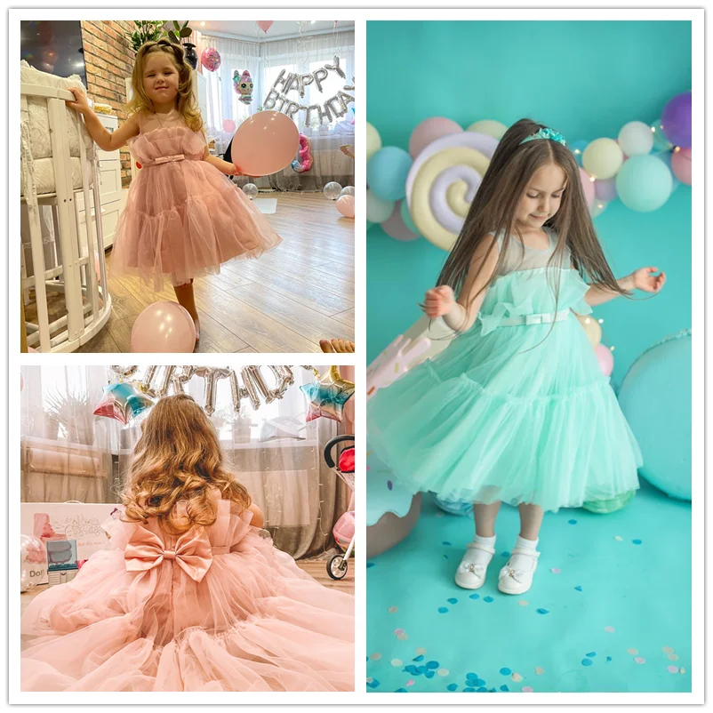 New Summer Dresses For Girls Kids Birthday Party Luxury 2023 Fluffy Ball Gown Wedding Prom Lace Dress Children Evening Dresses