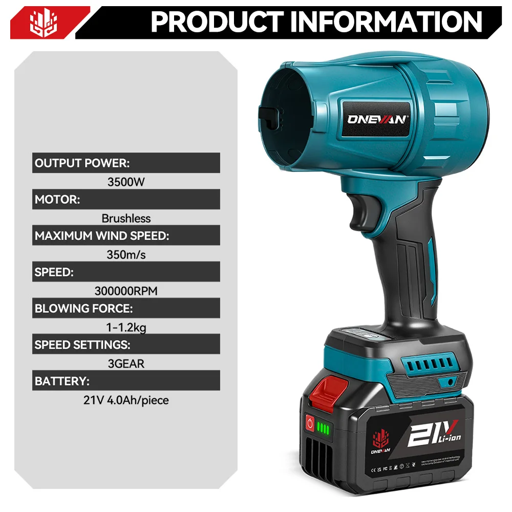 ONEVAN 3500W Bürstenlose Elektrische Turbo Gebläse Cordless Schnee Blatt Blasen Multifunktionale Power Tools Für Makita 18V Batterie pin – Detail 5