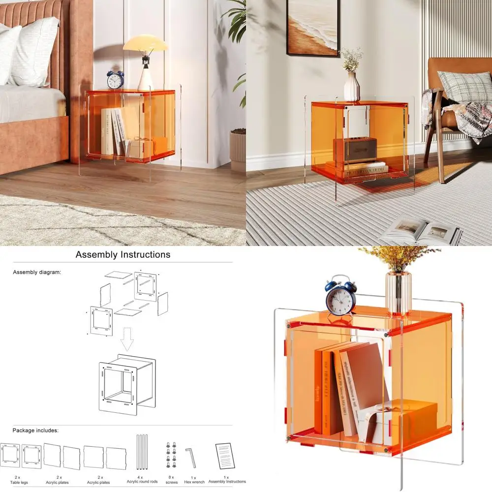 

2-Tier Acrylic Side Table with Storage Shelf - Modern Bedroom, Living Room, Office Decor (Orange)