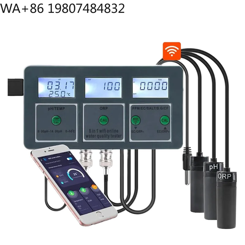 8-in-1 High Precision WiFi Water Quality Detector 0.01pH PH EC TDS ORP Salt SG Temp Metal LCD Screen Aquarium Pool Tester