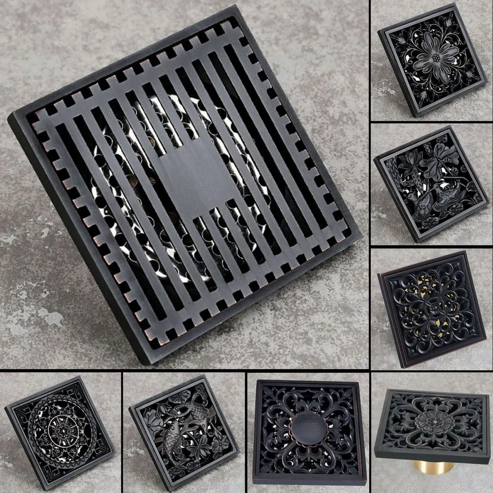 Floor Drains Black Brass Shower Floor Drain Bathroom Deodorant Euro 10 cm Square Floor Drain Strainer Cover Grate Waste Nzh203