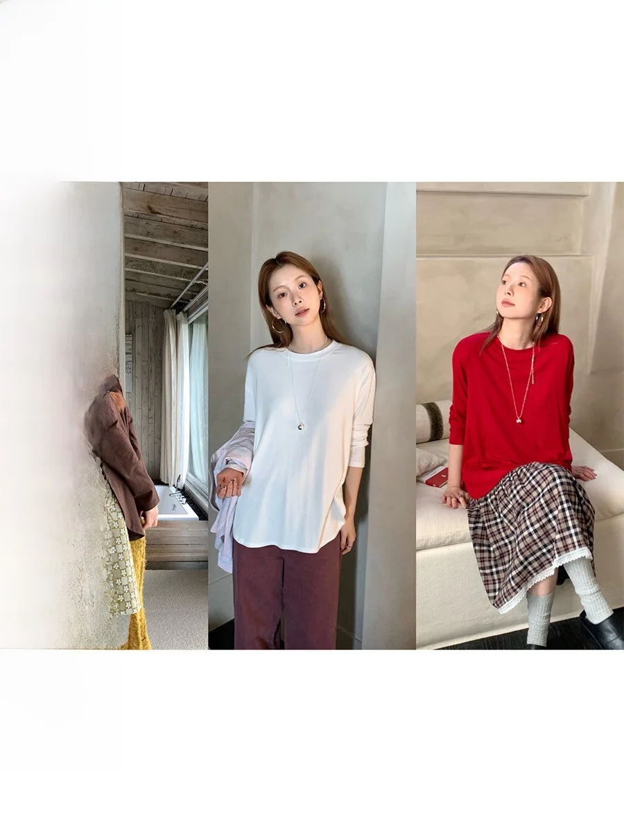 

COK Loose Long Sve Women's T-irt Pure Color Arc Hemline Autumn Outerwear Base Layer irt Casual Comfortable Top