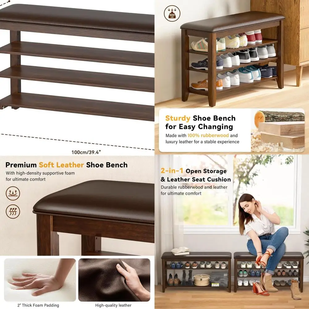 

Leather-Cushioned Shoe Rack Bench: Entryway Storage Organizer with Adjustable Shelves for Front Door, Hallway, and Mudroom