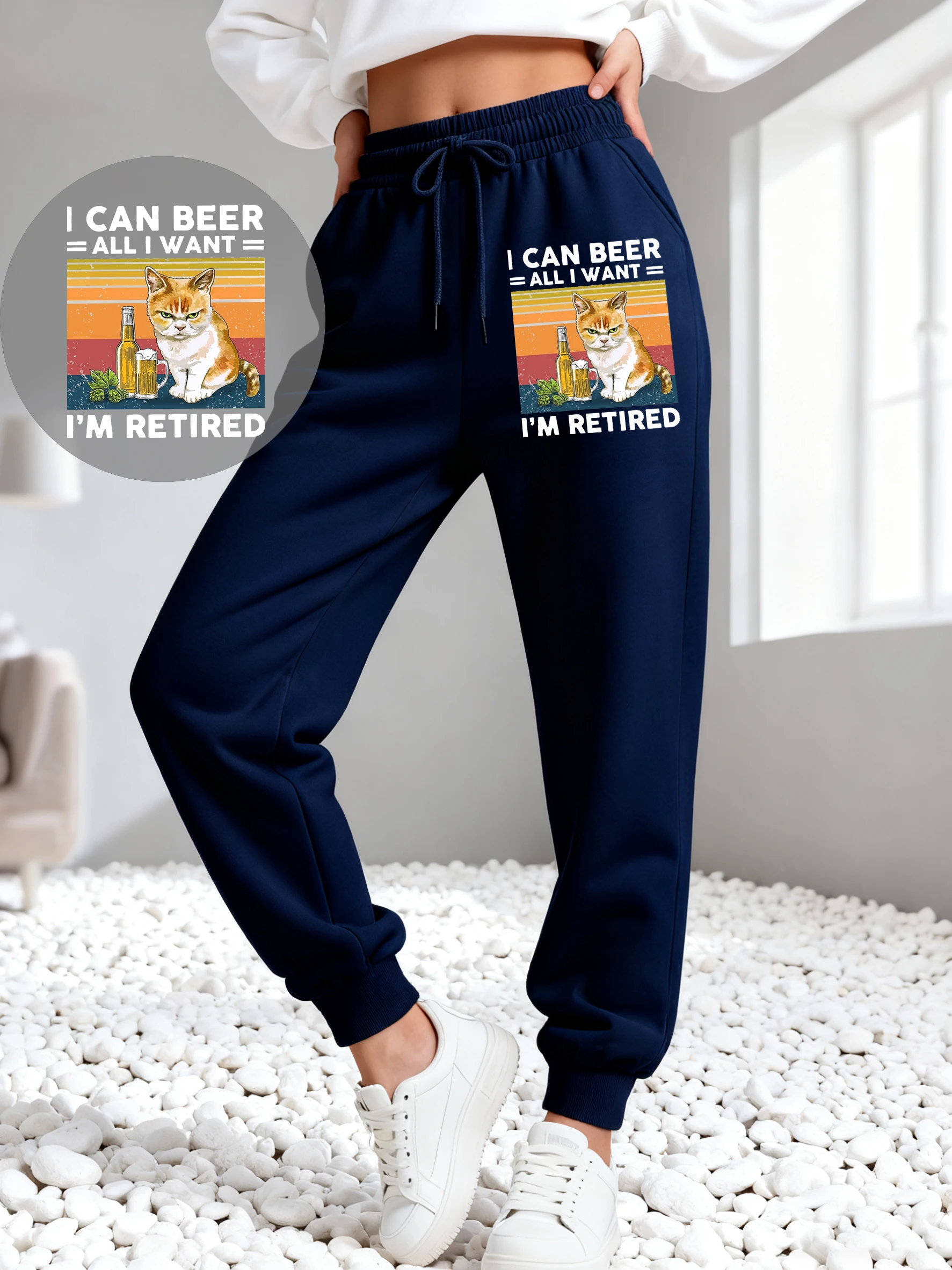 กางเกงวอร์มลายแมว I Can Bee I'M Retired สำหรับผู้หญิง กางเกงขายาวผ้าฟลีซใส่สบาย ทรงฮิปฮอป ใส่ได้ทั้งชายและหญิง เหมาะสำหรับฤดูใบไม้ร่วง กางเกงวิ่งออกกำลังกาย กางเกงขายาวทรงสปอร์ต
