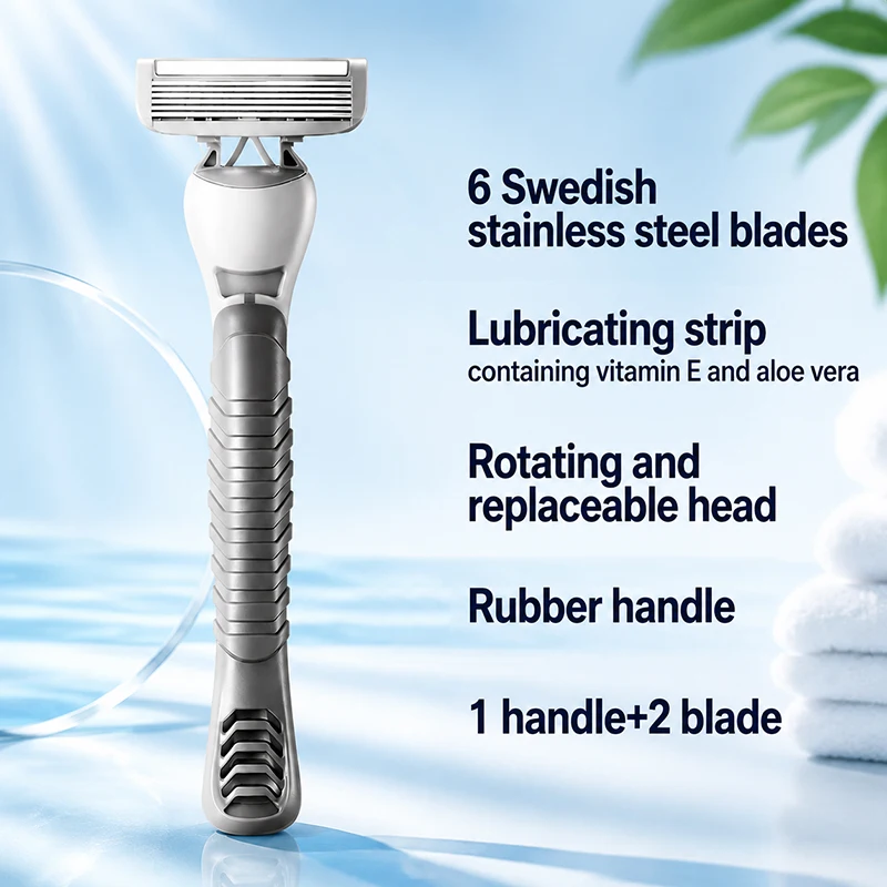 YUNCHi Men's Shaver Anti Slip Handle With Rotatable Blade Head For Shaving Stainless Steel Six Layer Blade With 2 Blade Heads