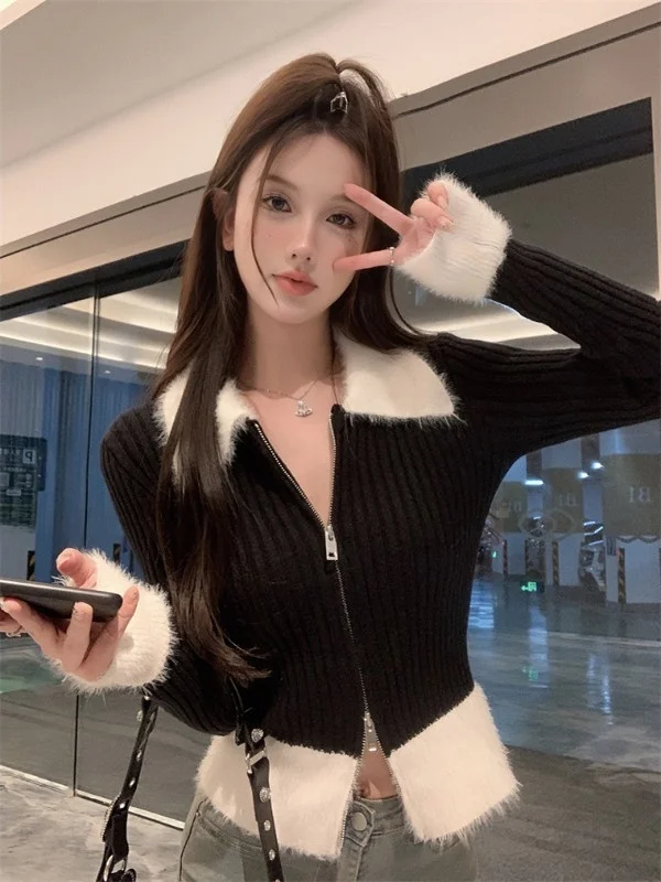 Black Short  Neck Knitted Cardigan Women's Autumn Winter Thickened Warm Zipper Sweater Slim Fit Inner Shirt Base Top