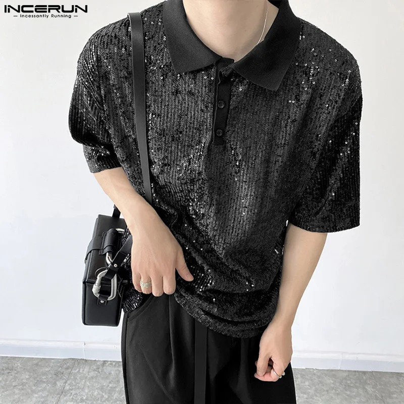 INCERUN Men Shirt Shiny Lapel Short Sleeve Patchwork Streetwear Fashion Men Clothing 2024 Loose Sequins Sparkling Party Shirts