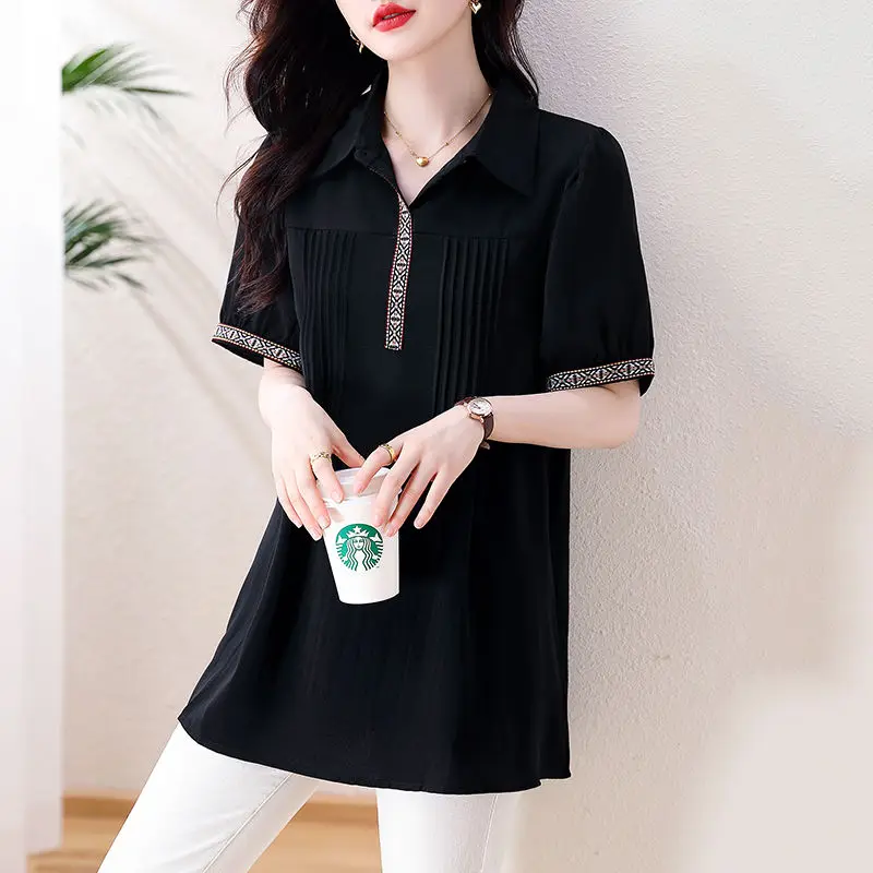 Summer New POLO Collar Fashion Short Sleeve Shirt Women High Street Casual Loose Pullovers Pleated Elegant Chic All-match Tops