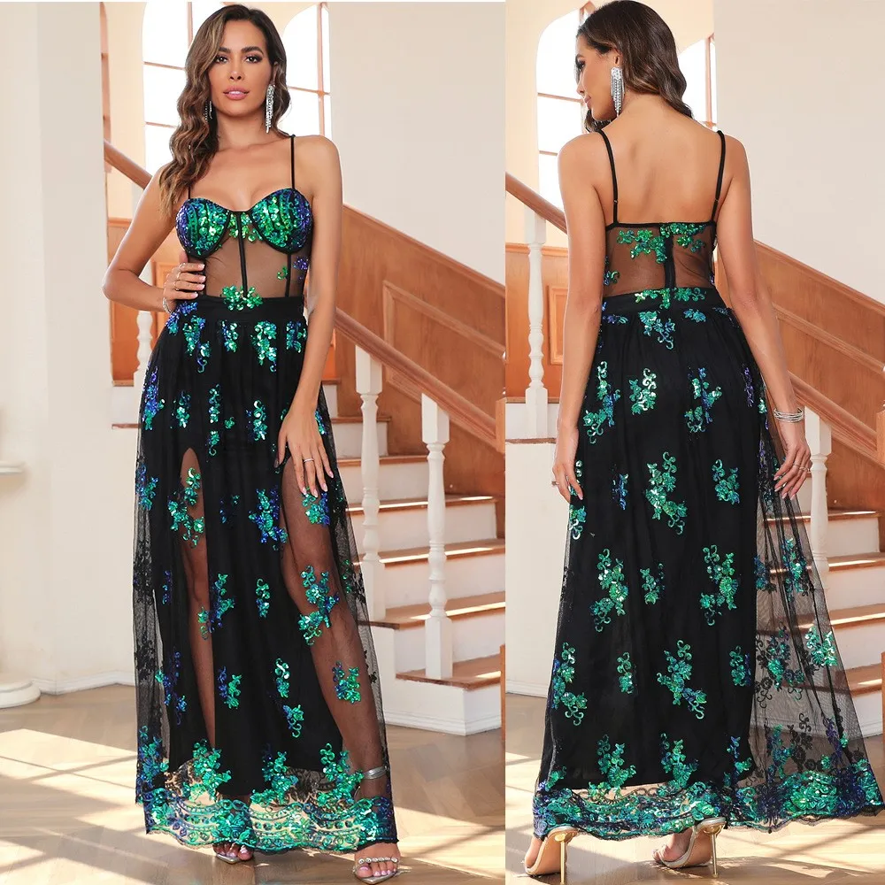 MsChuh Dresses For Woman Party Wedding Spaghetti Strap Evening Dress A-line Vestidos Sexy Hot Girl Style Slim See Through Sequin