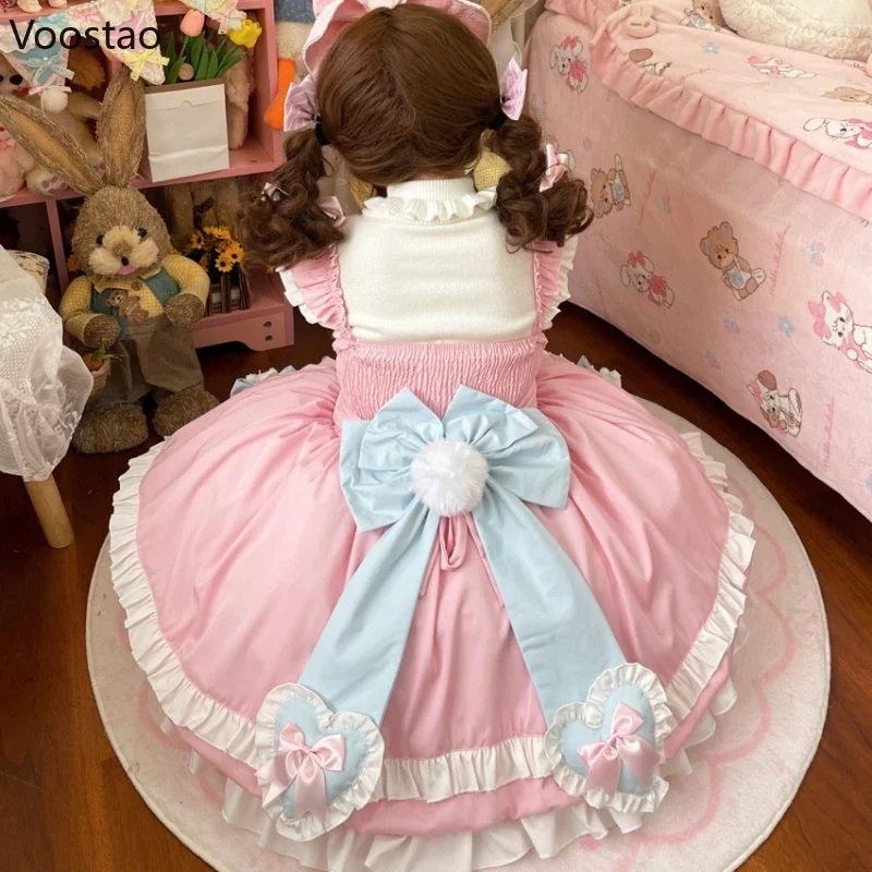 Japanische süße Lolita JSK Kleid Frauen süße blau rosa Schleife Bär Spitze Rüschen ärmelloses Kleid Mädchen Kawaii Tee Party Minikleid