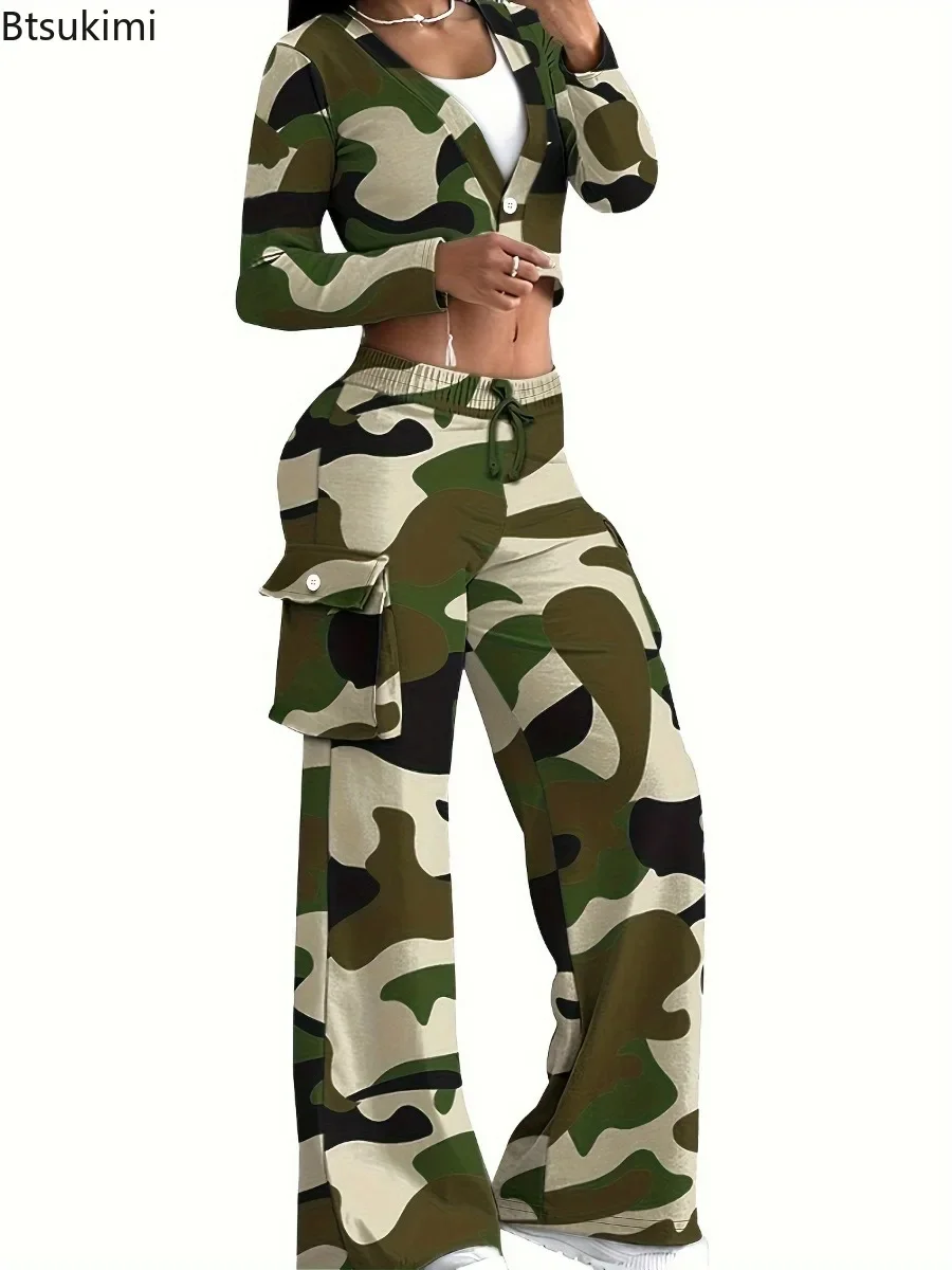 2024 Women's Camouflage Print Casual 2PCS Pants Sets Sexy Short Top and Casual Pants Sets Autumn Winter Women's Clothing Outfits