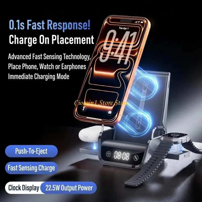 A3PC Desktop Wireless Charging Station with Digital Clock 15W Phone Stand, Ear Buds and Watch Charging Pad for Bedside Table or