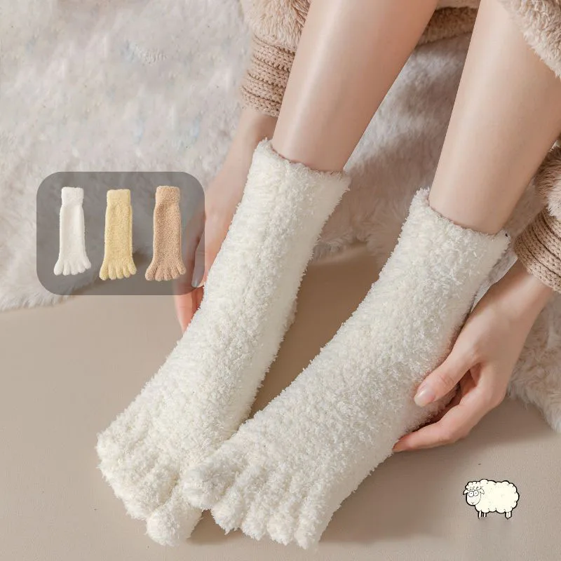 Women's Autumn Winter Socks Five-finger Hosiery Fleece Thickened Warm Toe Socks Home Sleeping Sock Floor Sock Solid Color Simple