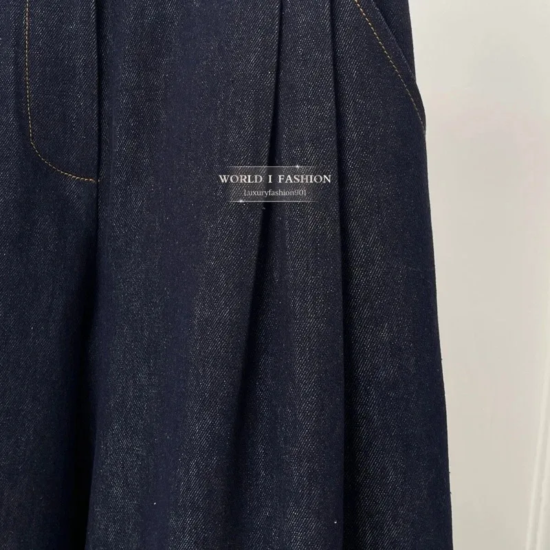 レディースジーンズ 2026 春新作 高品質 ネイビーブルー デニム ワイドレッグパンツ