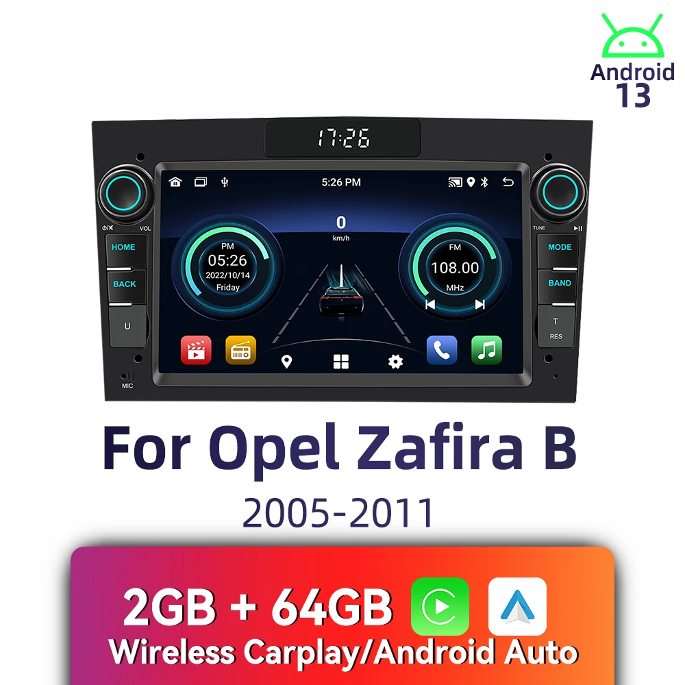 راديو سيارة أندرويد 7 بوصات 2 Din لأوبل زافيرا B 2005-2011 - Carplay اللاسلكي، ملاحة GPS، BT، ستيريو الوسائط المتعددة للسيارة
