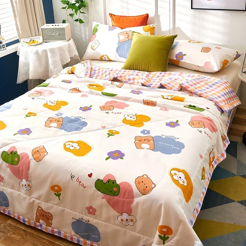 Cartoon Bear Summer Quilt 100%Cotton Printed Air Conditioning Thin Comforter Skin-friendly Reversible Cute Animal Quilted Quilts