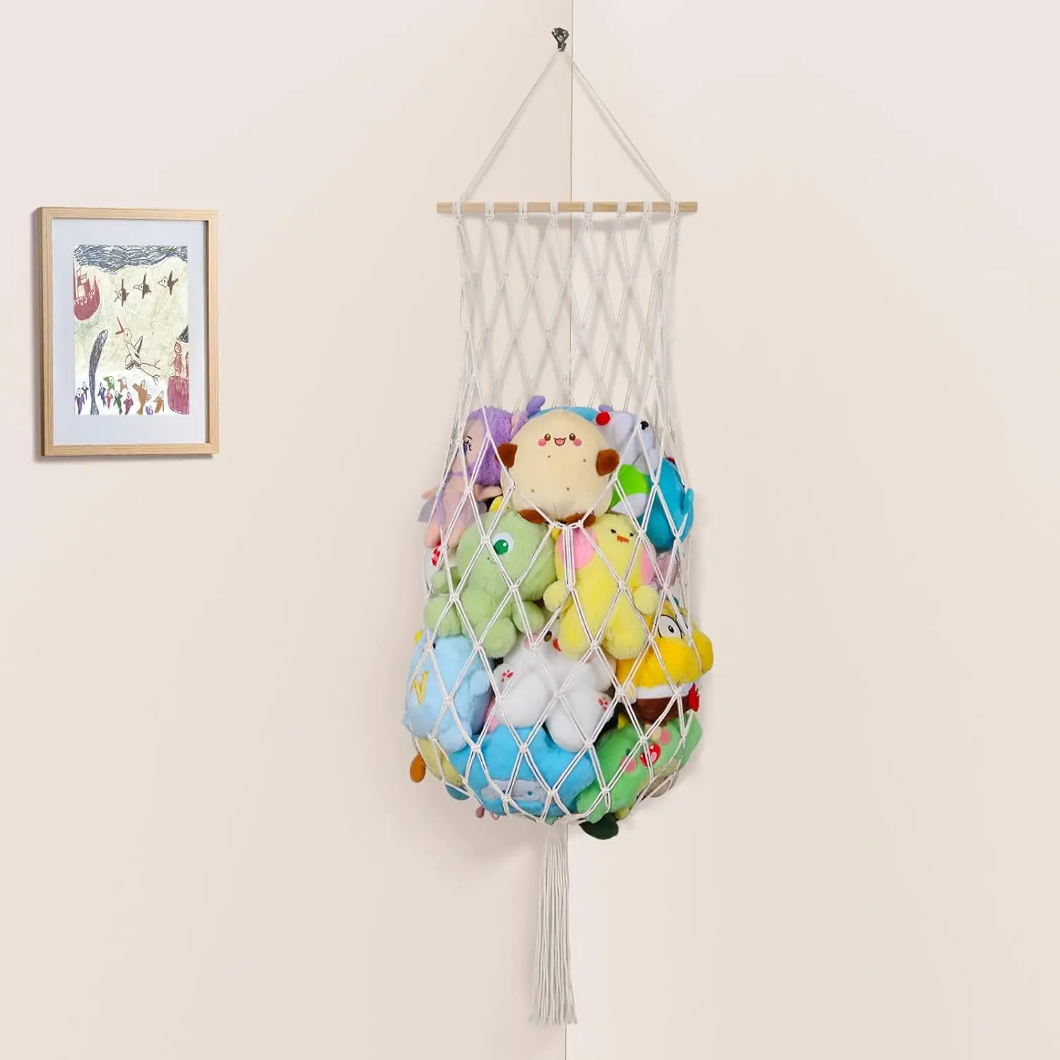 

68" Jumbo Macrame Vertical Stuffed Animal Hammock Corner, Wall Ceiling Hanging Plushie Holder, Boho Nursery Decor (Cream)