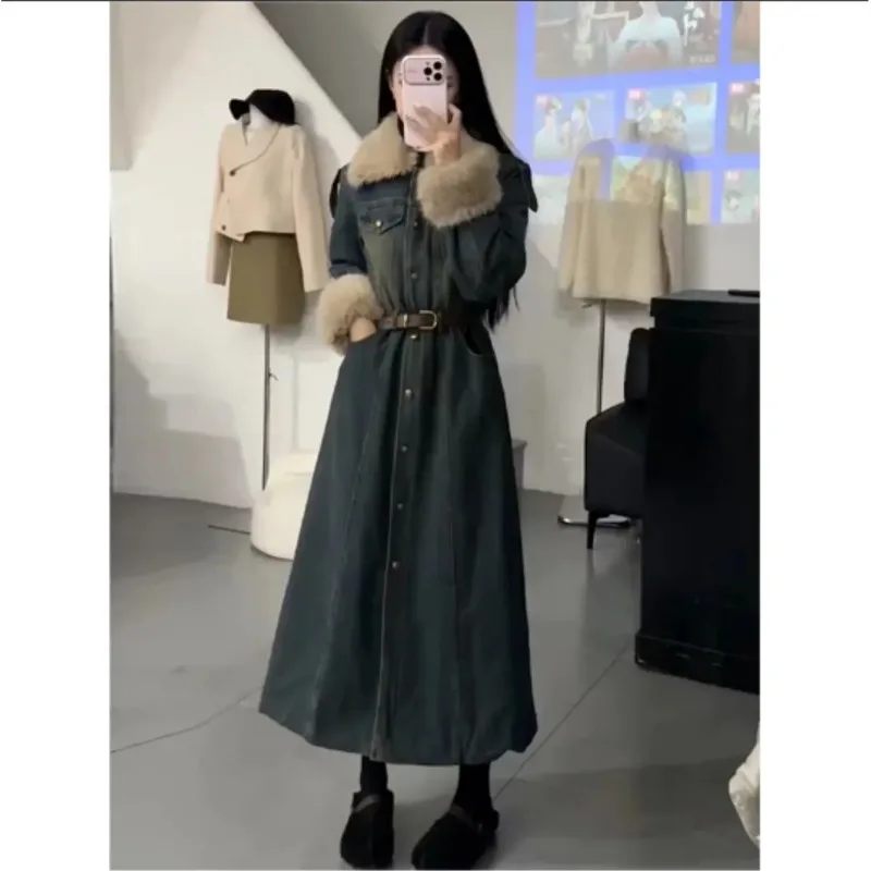 Jaket Mantel Katun Koboi Tambal Sulam Wol Domba Wanita Mantel Panjang Baru Musim Dingin Mantel Musim Dingin Mode Nyaman Wanita