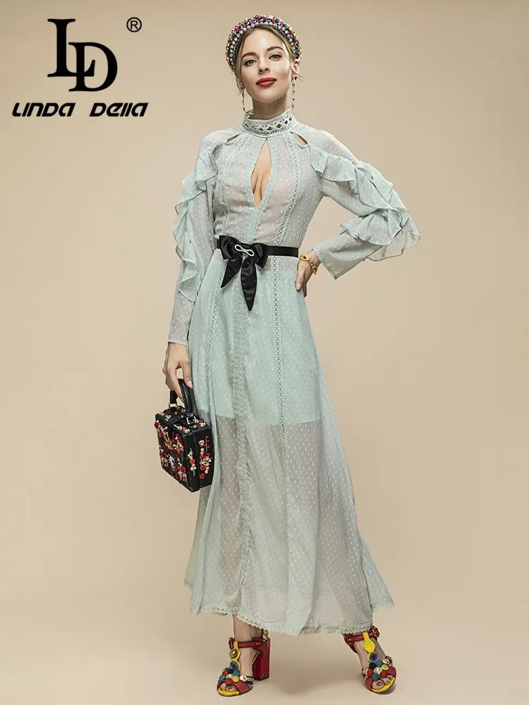 

LD LINDA DELLA Fashion Designer Summer Dress Women's Lace Stand collar Ruffles Long sleeve Belted Long Vacation Party Dress