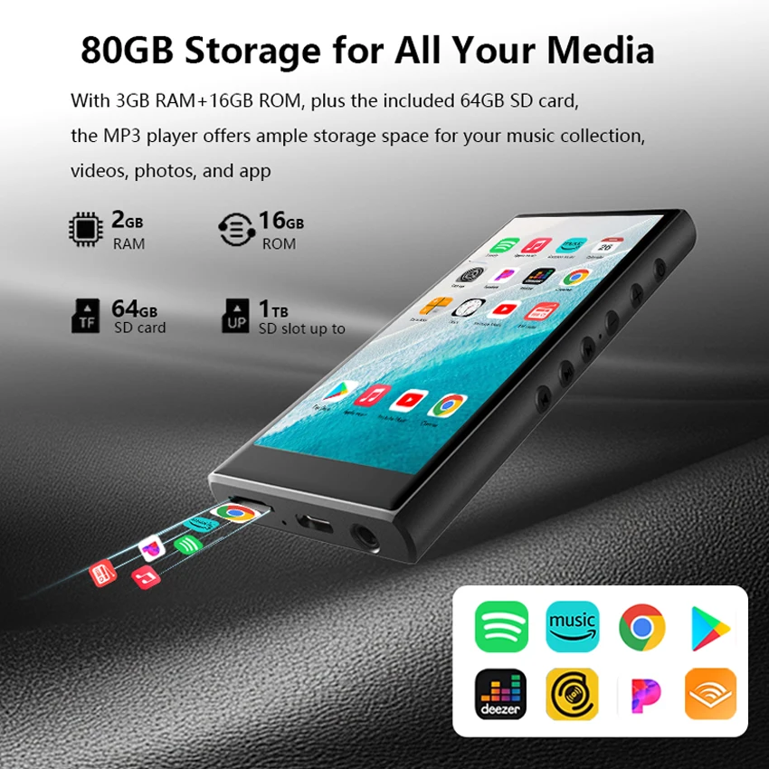 80 جيجابايت (16 جيجابايت + 64 جيجابايت) 3.99 بوصة مشغل MP3 أندرويد 13.0 مشغل MP3/MP4 مع بلوتوث 5.0 واي فاي، راديو FM، كتب إلكترونية، سبوتيفي، مسموع، باندور #5
