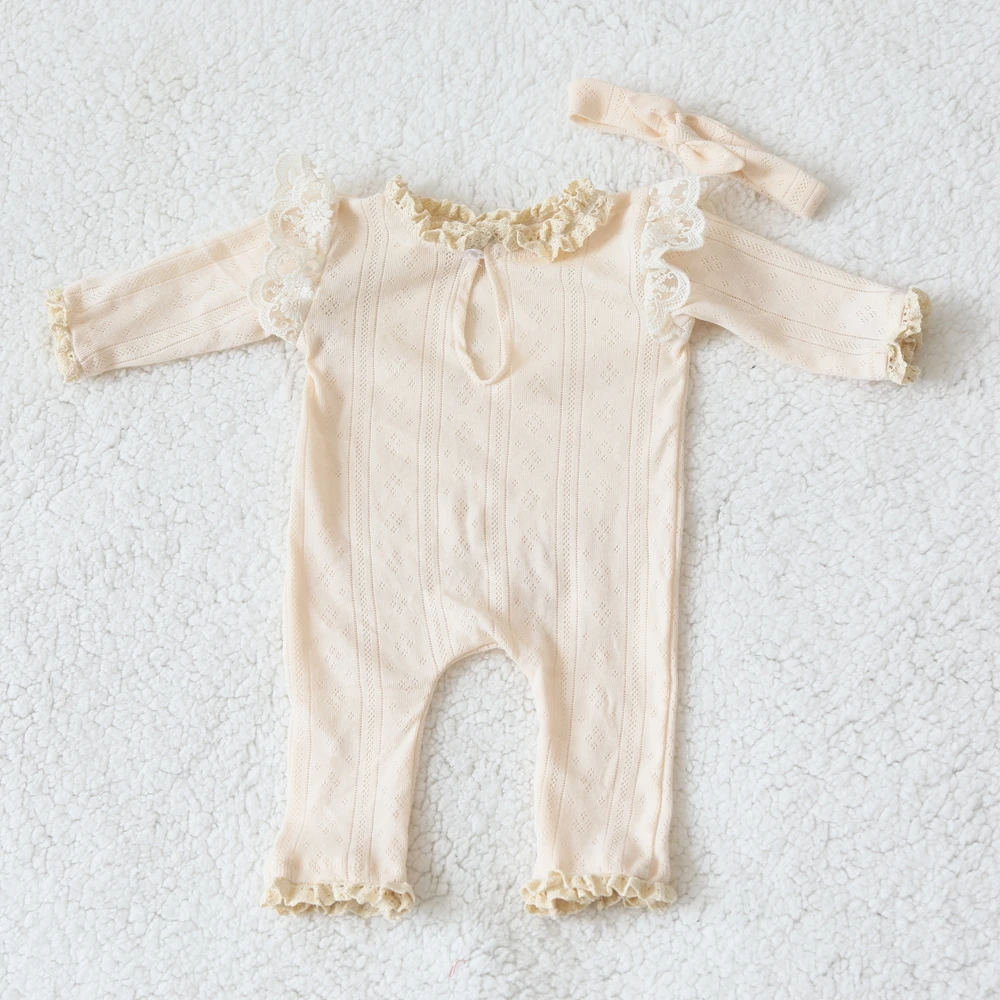 Newborn Photography Props Lace Romper with Bow Headband Baby Girl Outfit Infant Photo Shoot Costume Boutique Set image 5