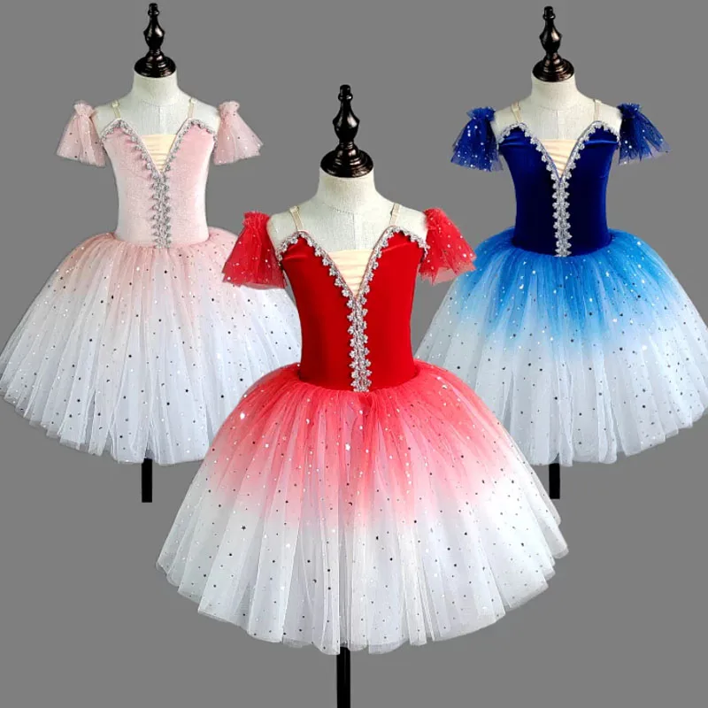 

Kids Romantic Tulle Sparkle Ballet Tutu Dress Off Shoulder Puff Sleeve Ballerina Costumes for Girls Dance Recital Stage Outfits