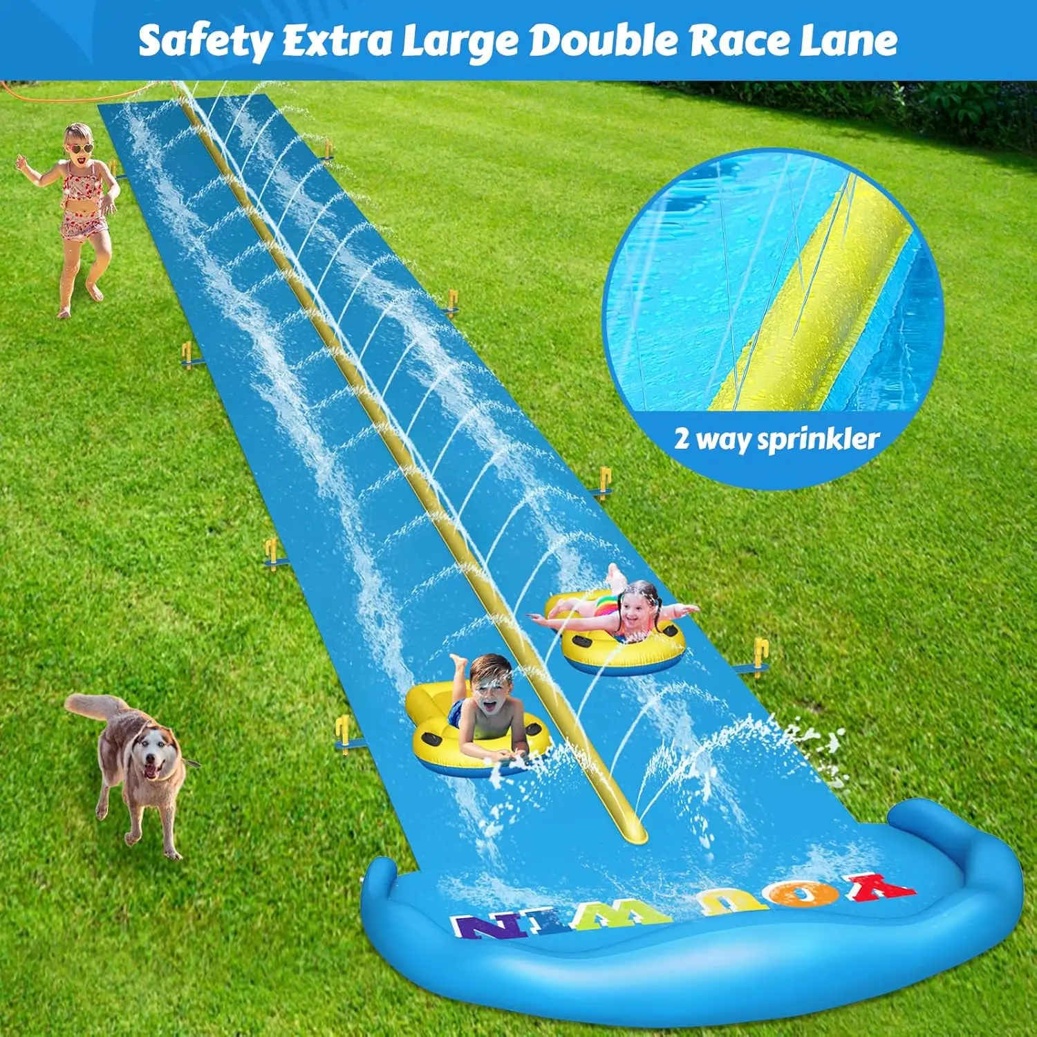 Glissière aquatique gonflable de 32,8 pieds, avec 2 voies de course et 2 planches pour enfants garçons filles adultes