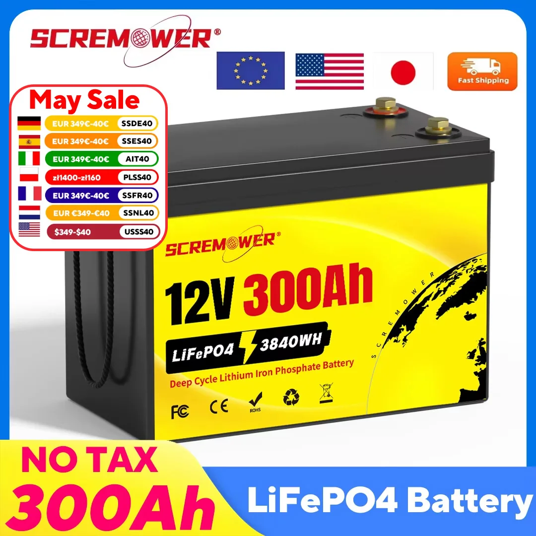 12V 300Ah LiFePO4-Batterie Lithium-Eisenphosphat-Batterie mit 200A BMS 8000+ Zyklen für Wohnmobile,