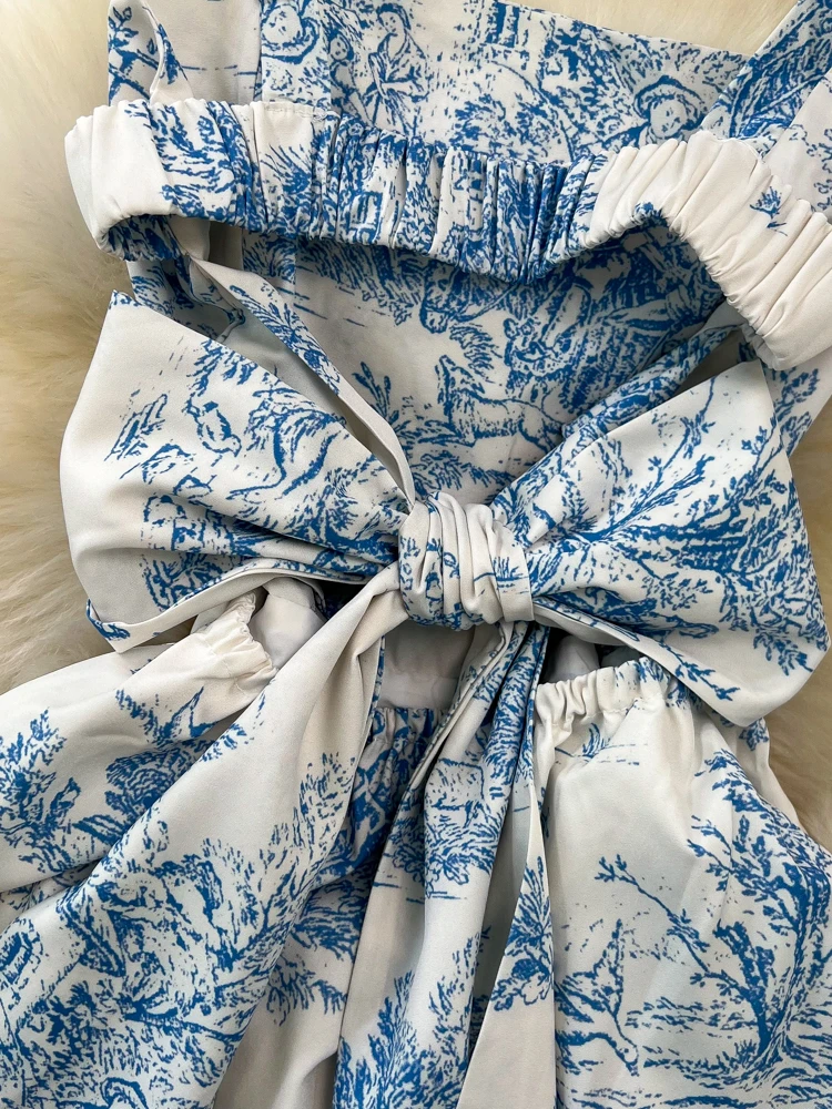 French Blue Floral Dress Women Sexy Backless Bow Printed Long Dresses Ladies Summer Vintage A-line Beach Dress Vestidos