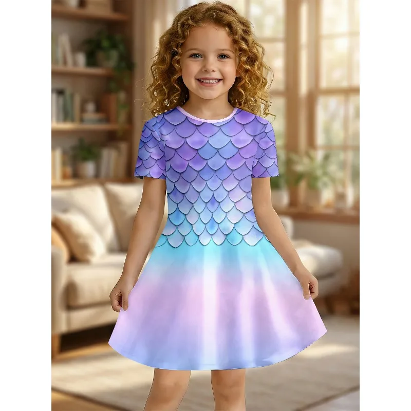 Girl Mermaid Gradient Printed T-shirt Dress Purple Blue Casual Dress Suitable for Children's Role-playing Parties Birthday Gifts