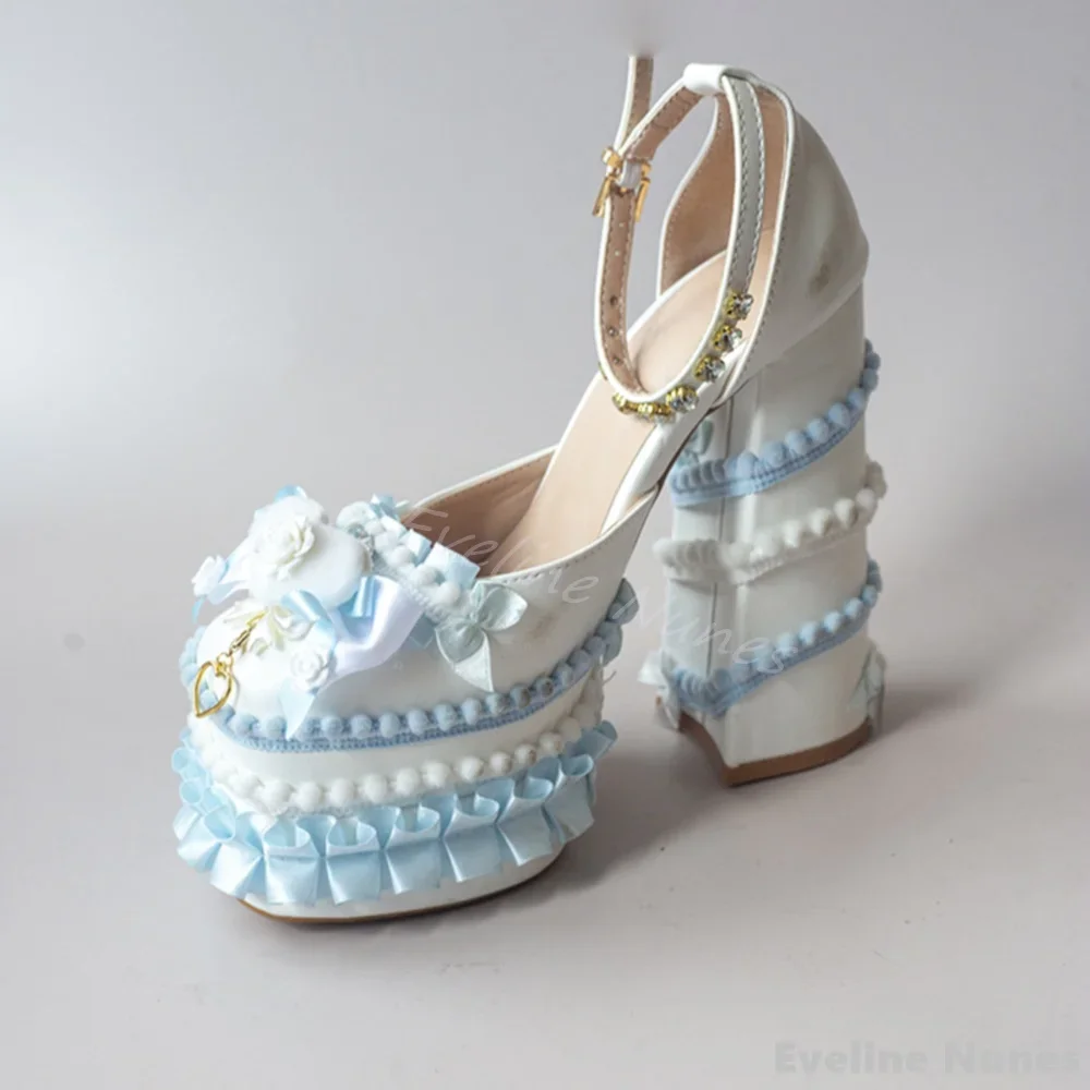 Sweet Cute Lolita High Heels Women Butterfly Knot Rhinestone Ankle Strap Cake Skirt Sandals New Party Cosplay Chunky Heel Pumps