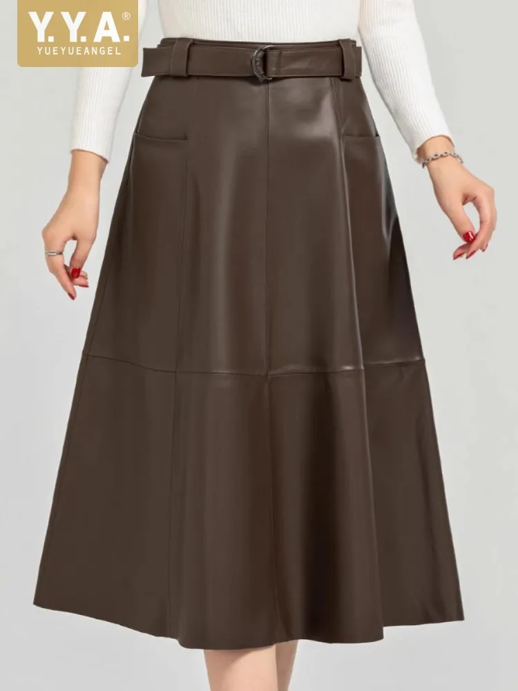Female Genuine Leather Skirts A Line Loose Sashes High Waist Pocket Mid Long Fashion Office Ladies Modern Elegant Classy 4XL 5XL