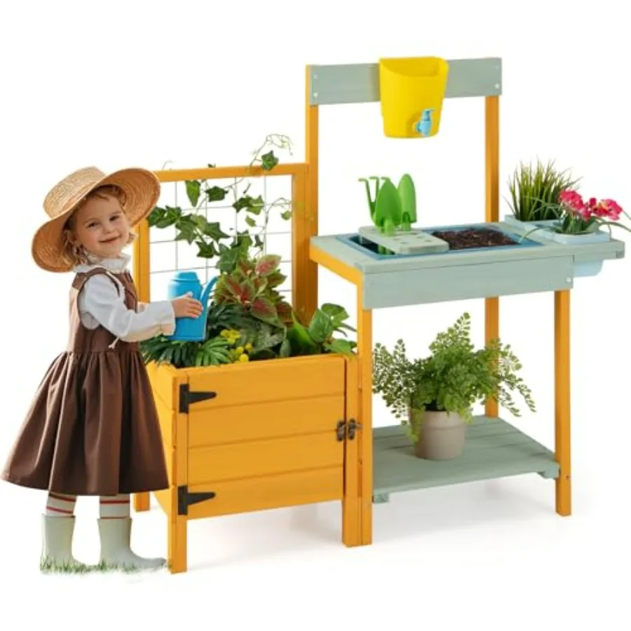 

Potting Bench Table Fir Wood Outdoor Play Kitchen for Toddler Transparent Root Viewer Window Garden Trellis for Climbing Plant