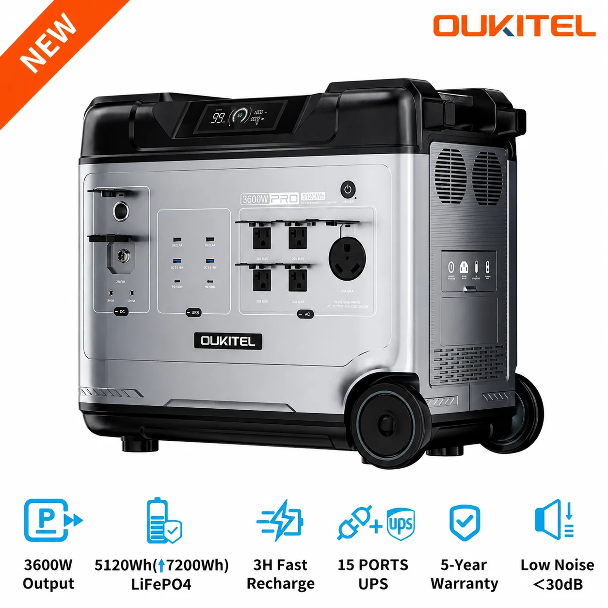 

OUKITEL P5000pro 5120Wh Portable Power Station, 3600W High Output, LiFePO4 Battery, 7200W Surge, Multi-Device Charging, Fast AC/Solar/Car Recharge, Home Backup & RV Ready