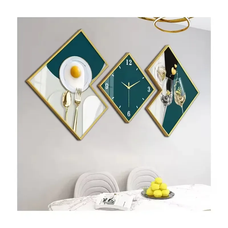 Luxury Crystal Porcelain Abstract Painting with Clock Atmospheric Frame Art for Dining Room Wall Home Decoration