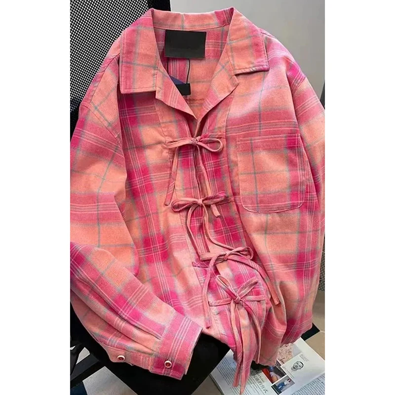 Damska Bluzka w Stylu Vintage Amerykańskim, Różowa Krata, Luźna, Swobodna Koszula z Długim Rękawem, Harajuku, Klasyczna Bluzka Zapinana na Guziki z Kokardą