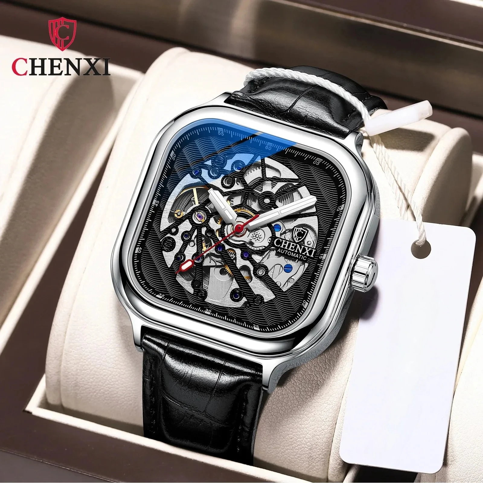 

CHENGXI8810 Мужские квадратные автоматические механические часы с полыми светящимися водонепроницаемыми модными кожаными модными часами для мужчин