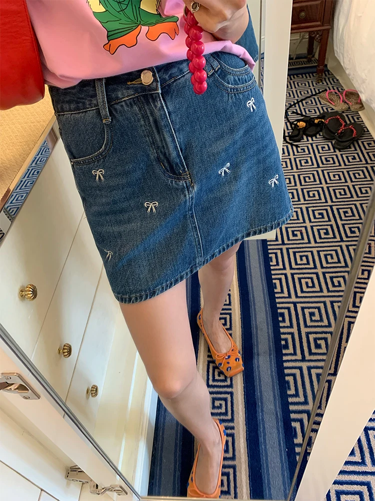 

Blue Embroidered Denim Skirt Women's Fitted Skirt ort A-Line Skirt Korean Sle Commute Cotton Polyester Blend