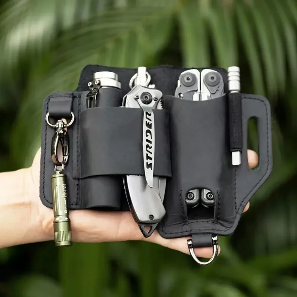 

Outdoor Cowhide Waist Bag Genuine Leather EDC Multitool Sheath Camping Survival Flashlight Pocket Organizer Key Holster Tools